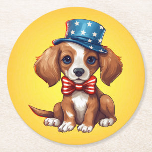 4th Of July Cute Puppy Dog-71008 Round Paper Coaster