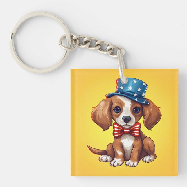4th Of July Cute Puppy Dog with Hat-71009 Keychain (Front)