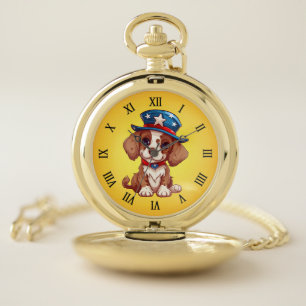 4th of July Cute Puppy With American Hat-71009 Pocket Watch