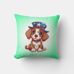 4th of July Cute Puppy With American Hat-71009 Throw Pillow