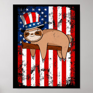 4th Of July Cute Sloth Usa American Flag Independe Poster