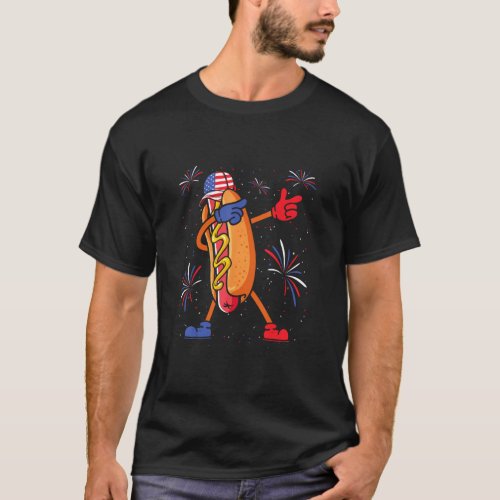 4th of July Dabbing Hot Dog American Glasses Hotdo T_Shirt