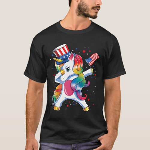 4th Of July Dabbing Unicorn USA American Flag Girl T_Shirt