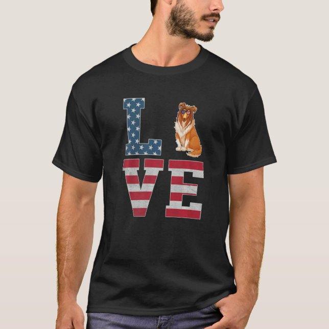 4th Of July Decor Patriotic Love Rough Collie Dog  T-Shirt (Front)