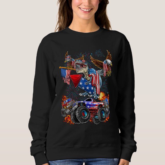 4th Of July Dinosaur Monster Truck Bald Eagle Amer Sweatshirt (Front)