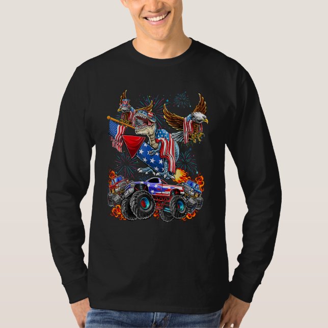 4th Of July Dinosaur Monster Truck Bald Eagle Amer T-Shirt (Front)