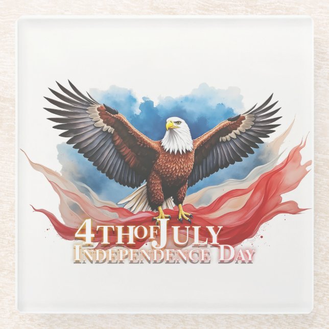 4th of July Eagle – Patriotic Art Design Glass Coaster (Front)
