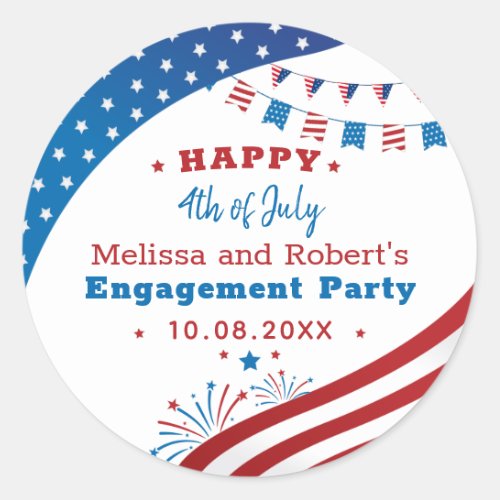 4th of July Engagement Party Red White Blue Custom Classic Round Sticker