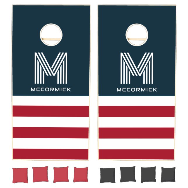 4th of July Family Monogram Name Red White Blue Cornhole Set (Set)