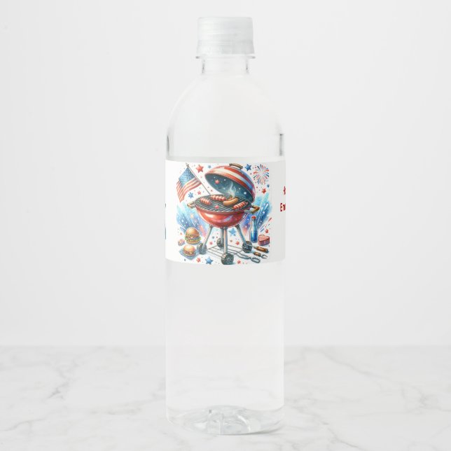 4th of July Family Reunion Bakyard BBq Party Water Bottle Label (Front)