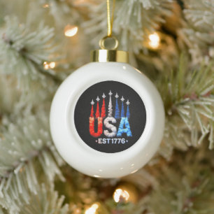 4th Of July Fighter Jets Usa Patriotic Ceramic Ball Christmas Ornament