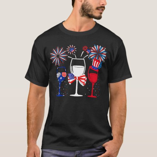 4th Of July Fireworks And Wine Glasses Us Flag  T_Shirt