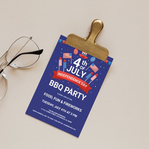 4th of July Fireworks  Flags BQ Party Invite