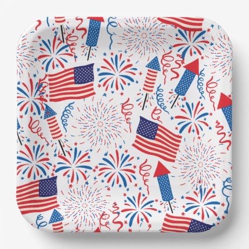 4th of July Fireworks  Flags Paper Plates