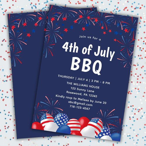 4th of July Fireworks Modern Blue BBQ Invitation