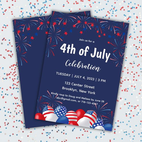 4th of July Fireworks Modern Blue Party Invitation