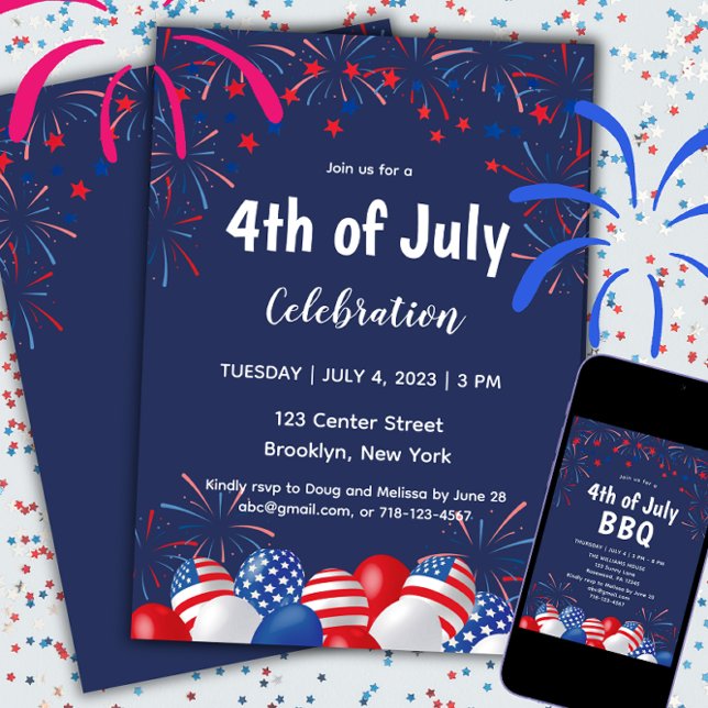 4th of July Fireworks Modern Blue Party Invitation (Creator Uploaded)