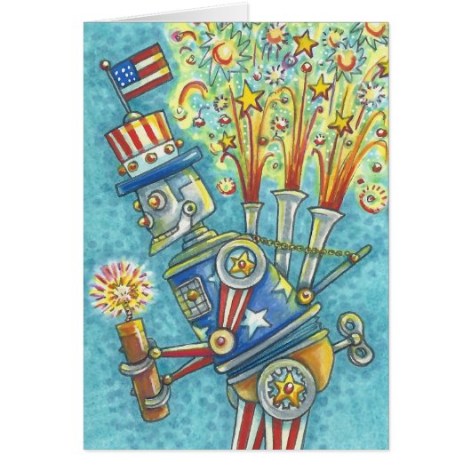 4TH OF JULY FIREWORKS ROBOT NOTE CARD Blank (Front)
