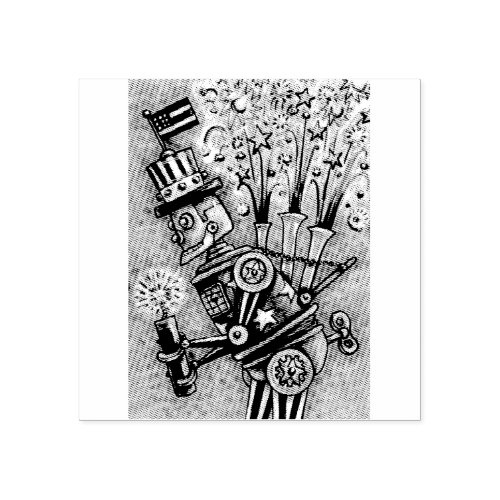 4TH OF JULY FIREWORKS ROBOT STEAMPUNK RUBBER STAMP