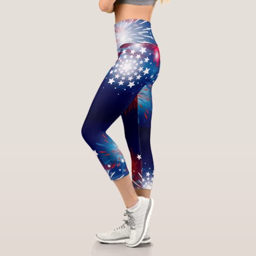 4th of July Fireworks Sparklers Red White Blue Capri Leggings