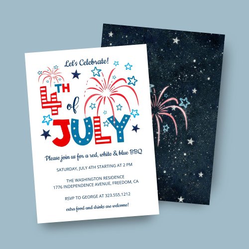 4th of July Fireworks Stars  BBQ Party Invitation