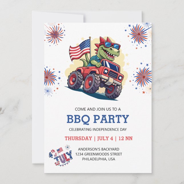 4th of July Fireworks T-Rex America Flag BBQ Party Invitation (Front)