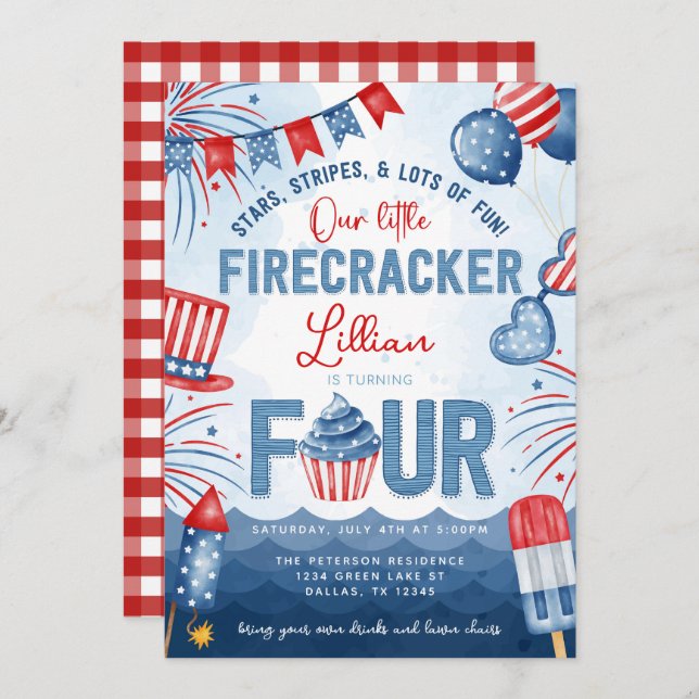 4th of July Fireworks Turning FOUR Birthday Party Invitation (Front/Back)