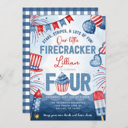 4th of July Fireworks Turning FOUR Birthday Party Invitation