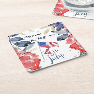 4th of July Flag Personalized Stylish Square Paper Coaster