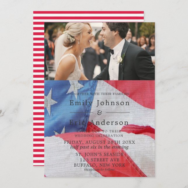 4th Of July Flag Photo Wedding Invitation (Front/Back)