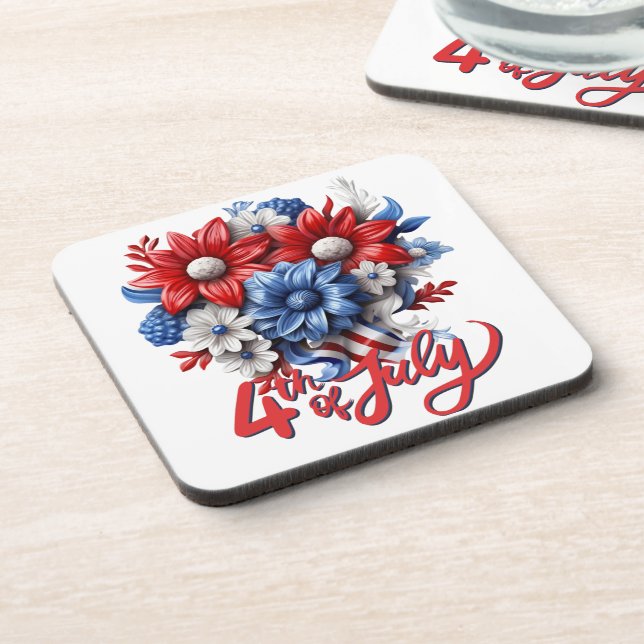 4th of July Flowers in Red White & Blue Patriotic Beverage Coaster (Left Side)