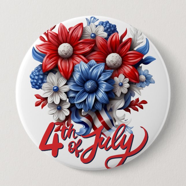 4th of July Flowers in Red White & Blue Patriotic Button (Front)