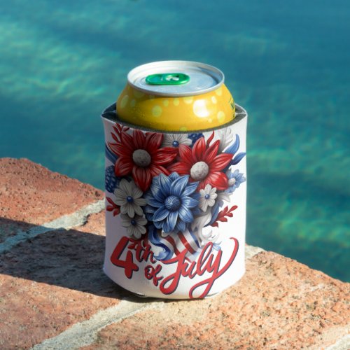 4th of July Flowers in Red White  Blue Patriotic Can Cooler