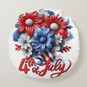 4th of July Flowers in Red White & Blue Patriotic Round Pillow