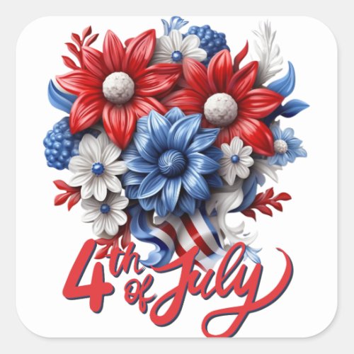 4th of July Flowers in Red White  Blue Patriotic Square Sticker