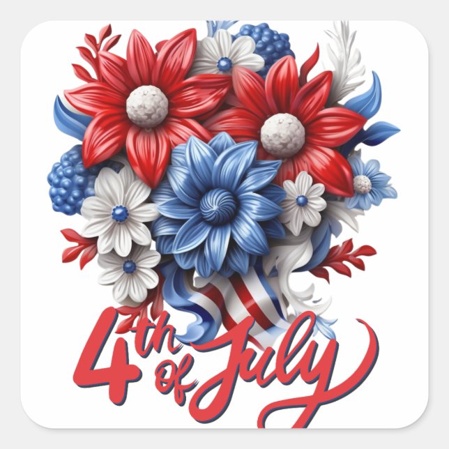 4th of July Flowers in Red White & Blue Patriotic Square Sticker (Front)