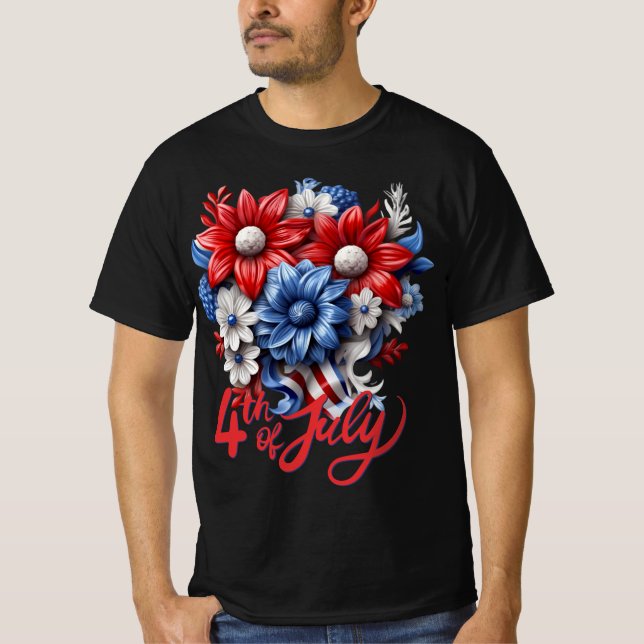 4th of July Flowers in Red White & Blue Patriotic T-Shirt (Front)