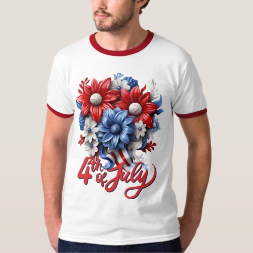 4th of July Flowers in Red White  Blue Patriotic T_Shirt