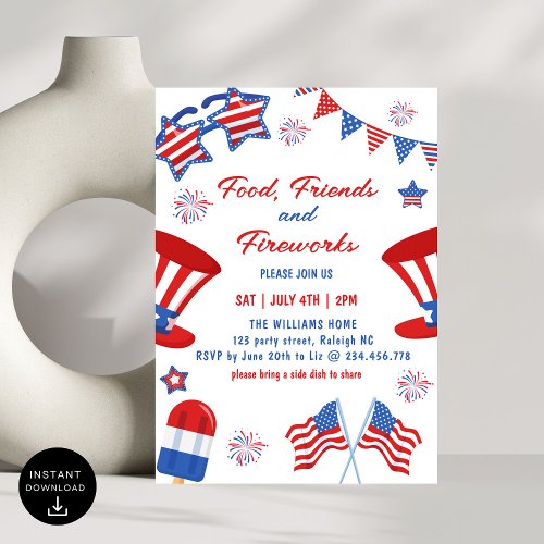 4th of July Food Friend and Fireworks BBQ Party Invitation