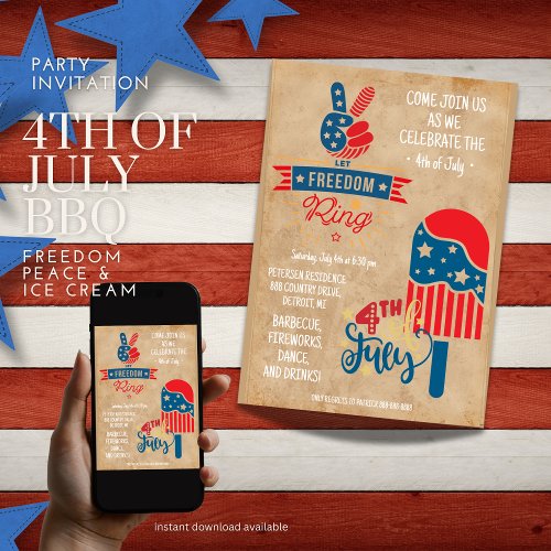 4th of July Freedom Peace  Ice Cream Invitation