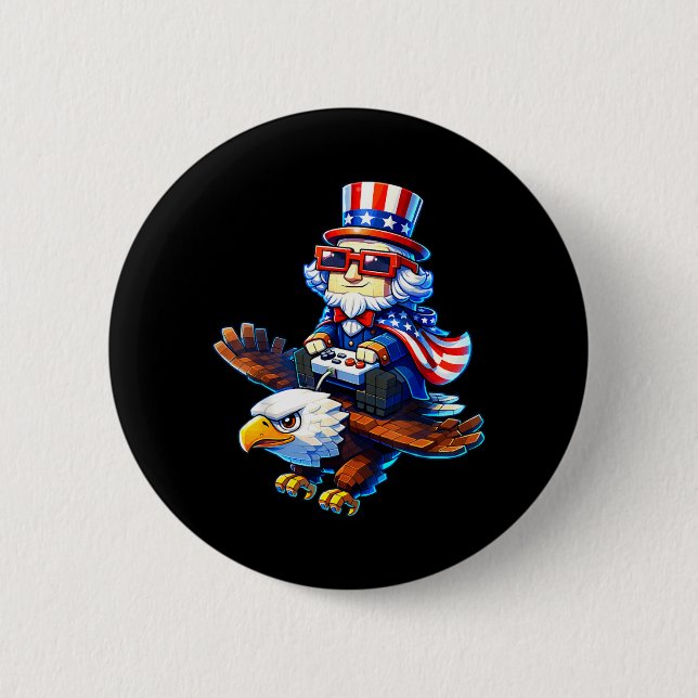 4th of July Gamer Patriotic Uncle Sam Retro Pixel Button (Front)