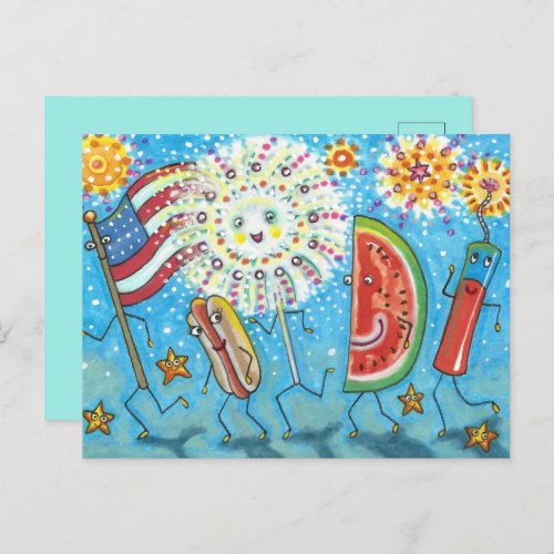 4TH OF JULY GANG PARADE  FIREWORKS HOLIDAY POSTCARD