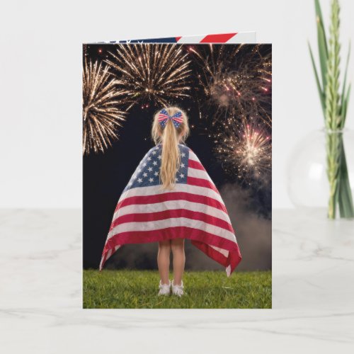 4th of July Girl in American Flag Card