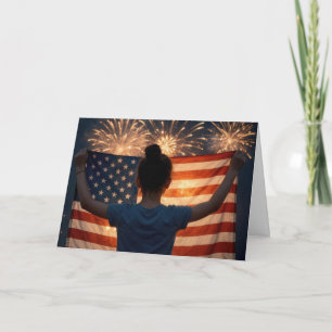 4th of July Girl With Flag and Fireworks Card