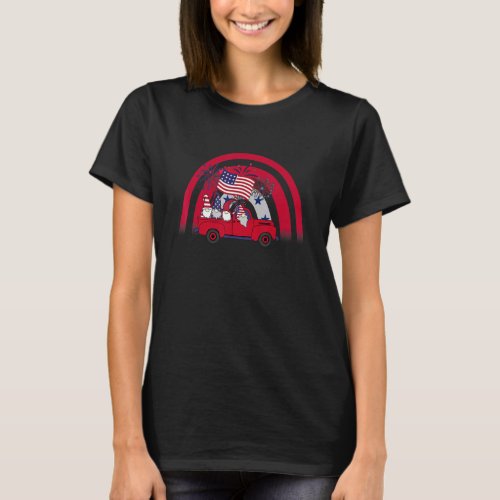 4th Of July Gnome Truck Rainbow Usa Flag Independe T_Shirt