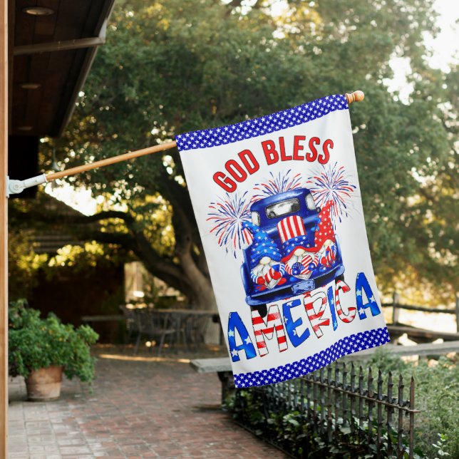 4th of July God Bless America Gnome House Flag (In SItu)