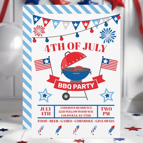 4th Of July Grill Light Blue Barbeque BBQ Party  Invitation