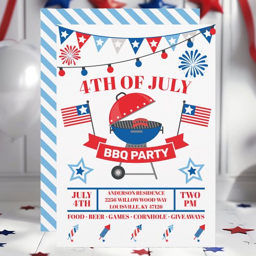 4Th Of July Grill Light Blue Barbeque Bbq Party Invitation