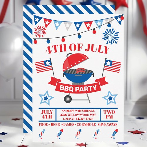 4th Of July Grill Navy Blue Barbeque BBQ Party Invitation