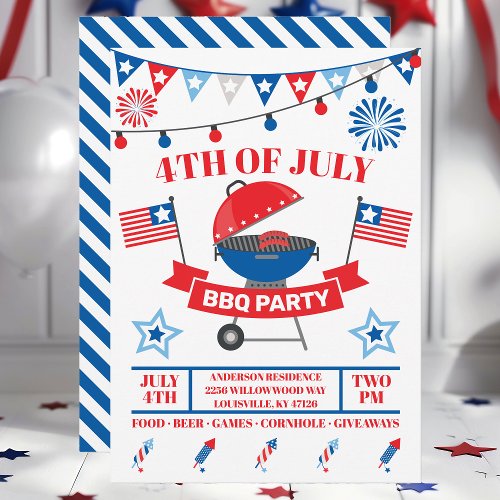 4Th Of July Grill Navy Blue Barbeque Bbq Party Invitation